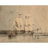 EDWARD DUNCAN Brig Drying Sails Grisaille heightened with gouache Signed 20.5 x 26.