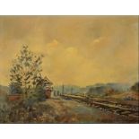 L S ROCHESTER Landscape with Railway Signal Oil on canvas Signed and dated 1974 36 x 45.