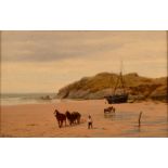 HENRY CHEADLE Unloading a Collier at Porth Beach Newquay Oil on canvas Signed 23 x 35cm