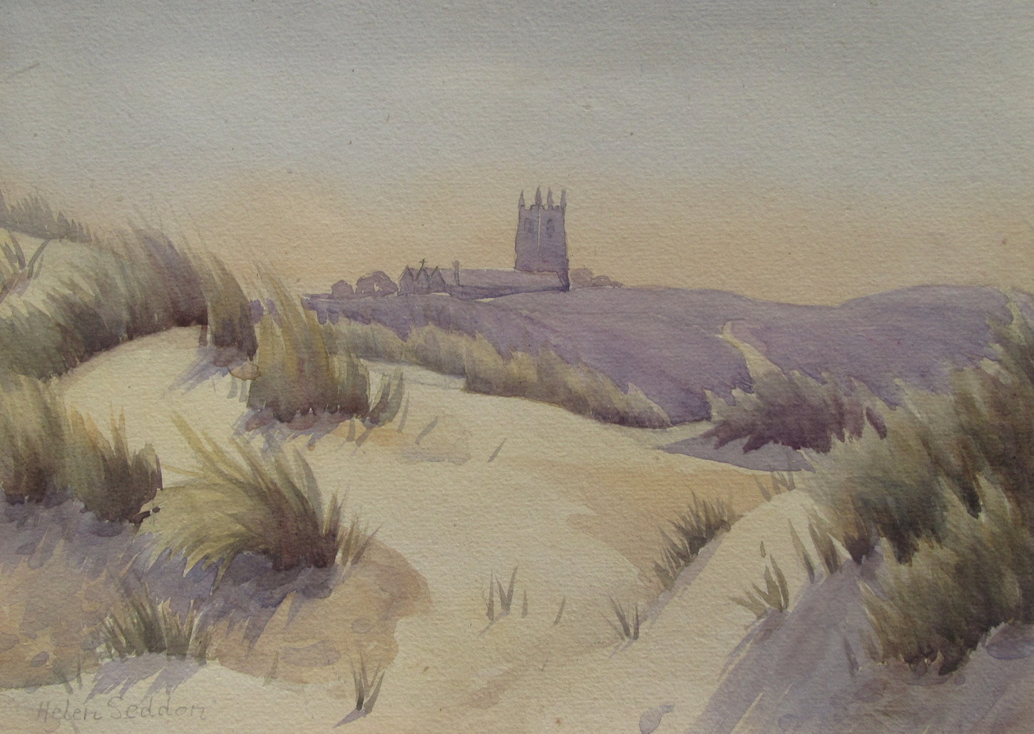 HELEN SEDDON Lelant Church from the dunes Watercolour Signed 21 x 29cm