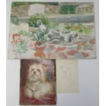 Portrait of a terrier Watercolour Together with an oil of a sculpture in a garden And an old