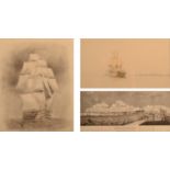 19th century English school A Ship of the Line at Anchor Watercolour 12 x 22cm Together with a