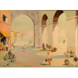 DOYLY-JOHN Near Algiers Market Place Under the Arches Oil on canvas Signed Inscribed to the