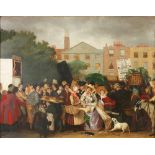 EDWARD PRENTIS A Throng in Leicester Square Oil on canvas Signed and dated 1825 83 x 107cm.
