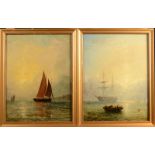 Attributed to ADOLPHUS KNELL Shipping under sunset skies A pair of oils on board 30 x 23cm