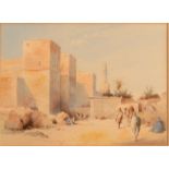 Style of WILLIAM SIMPSON Figures by the walls of an Arab town Watercolour 25 x 34cm