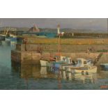 KEN SYMONDS Newlyn Harbour Oil on board Signed Mall Galleries label to the back Also a self