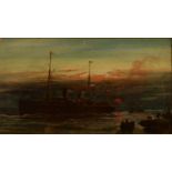 CAHRLES EDWARD DIXON Boats at sunset Oil on panel Signed 19 x 34.