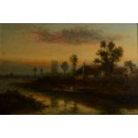 WILLIAM LANGLEY Sunset over an English Town Oil on board Signed 39.