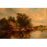 J TAYLOR Creekside Barge Victorian oil on canvas Signed 50 x 75cm