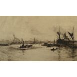 WILLIAM LIONEL WYLLIE Shipping on the Thames Etching Signed Image size 28 x 47cm