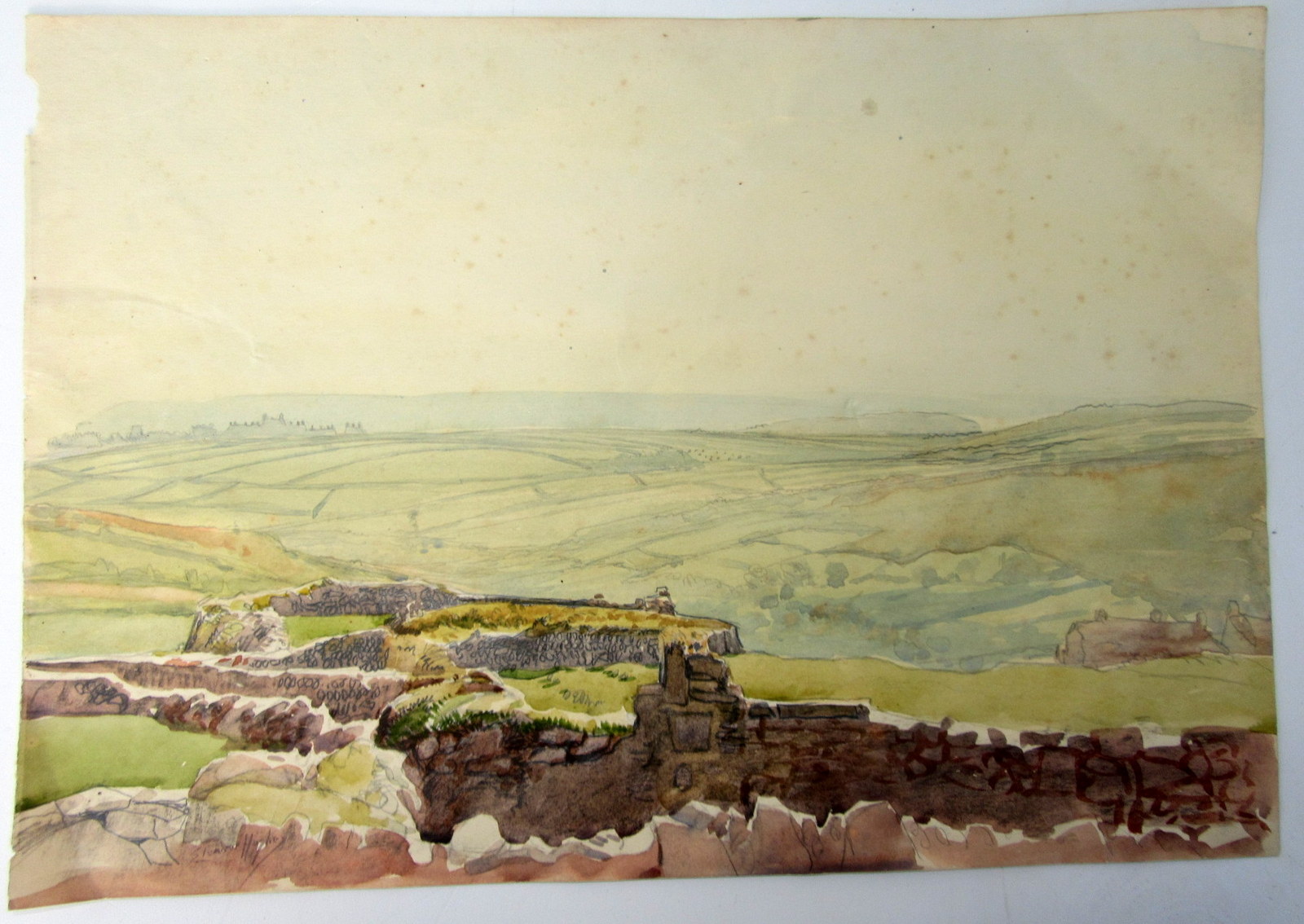 ELEANOR HUGHES Views from Carn Euny Watercolour Signed 26 x 37cm