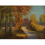 RUDOLPH ONSLOW-FORD Sunlit road Oil on panel Signed 28 x 37cm Condition report: