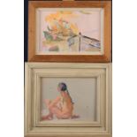JOHN HARVEY Seated nude Oil on board Signed to the back Together with two other oils by the same