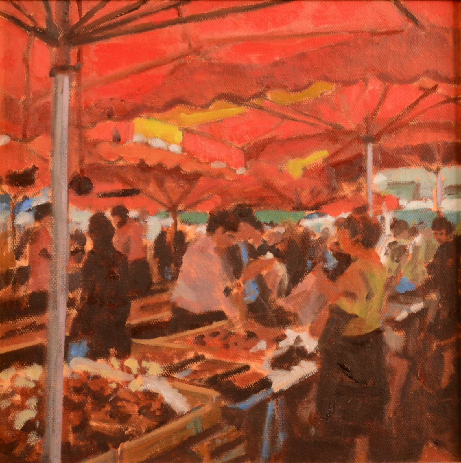 RAY DENTON A Market Stall Perigueux Oil on canvas Signed and inscribed to the back 25 x 25cm