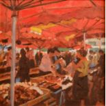RAY DENTON A Market Stall Perigueux Oil on canvas Signed and inscribed to the back 25 x 25cm