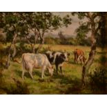 DIXON CLARK Cattle amongst trees Oil on board Signed 14 x 18.