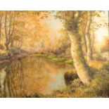 DENYS LAW A woodland pool Oil on board Signed 59 x 75cm