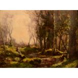 JOHN NOBLE BARLOW Figures by a wooded stream Oil on canvas Signed 30 x 40cm
