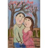 DORA HOLZHANDLER Lovers beneath the blossom Oil on board Signed 23 x 15cm