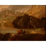 Follower of RICHARD WILSON Seated figures looking toward an abbey Oil on panel 11 x 15cm