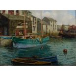 CECILIA CARPMAEL Polperro Harbour Oil on canvas Signed 56 x 77cm