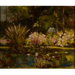 MARCUS ADAMS 'The Pond at Crossley Meat's garden at Gillan' Oil on panel Signed Inscribed to the