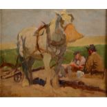 EVELYN HARKE A Rest From Ploughing Oil on canvas Signed 25 x 30cm Condition report: