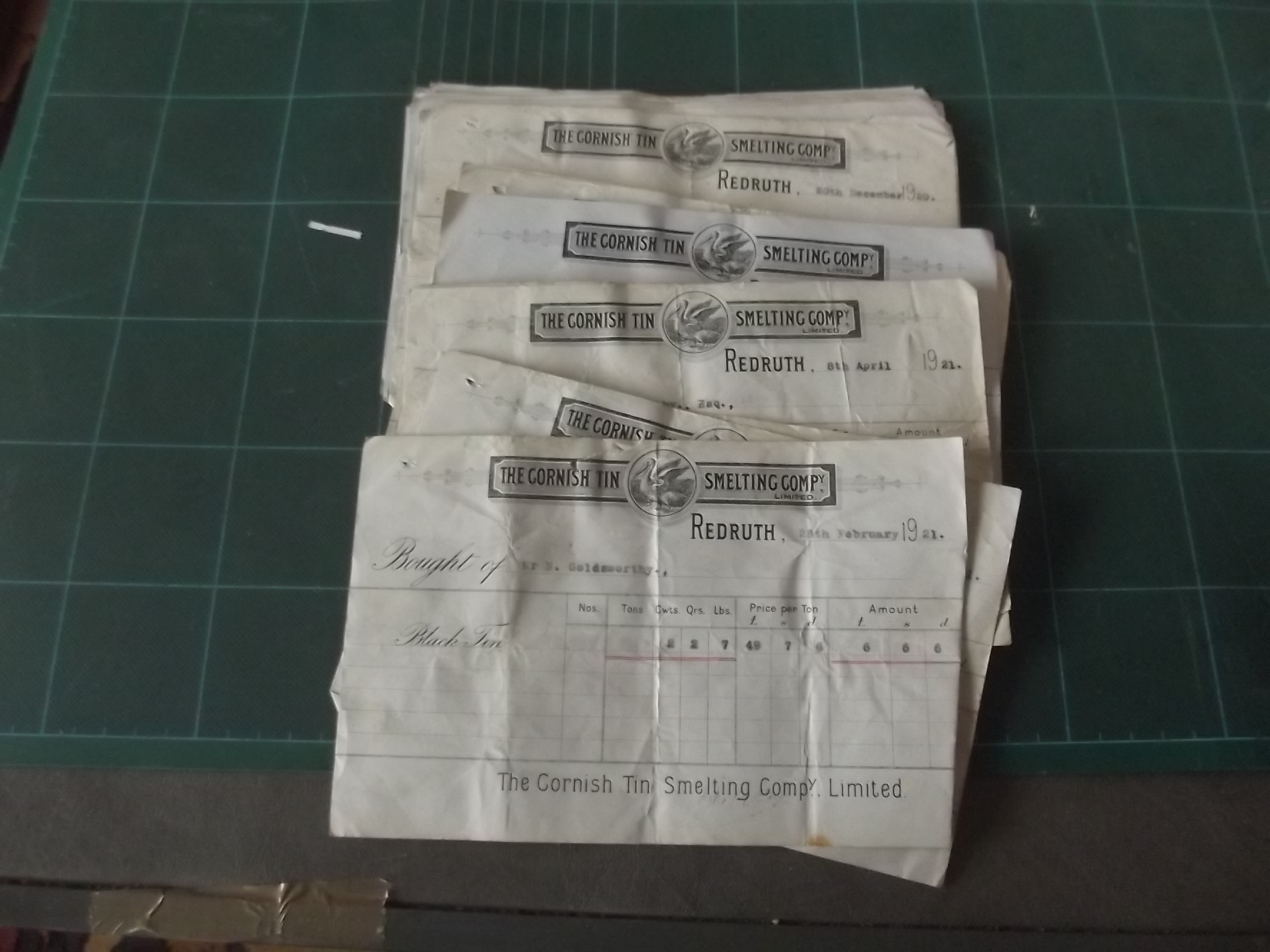 THE CORNISH TIN SMELTING COMPANY. 32 receipts re Black Tin sold by Mr N. Goldsworthy 1921-3.
