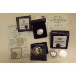 USA 1922 Peace dollar, Canada 1996 dollar, two Roman coins etc, some with certificates.