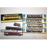 'N' gauge :- Four boxed Graham Farish carriages,a similar wagon etc.