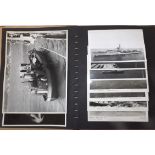 An album of 20 postcards and 49 photographs showing warships, etc on board H.M.S. Illustrious, 1952.