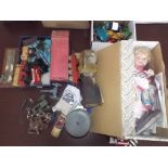 An Alberon doll, boxed, 2 Tri-ang spot-on composition buildings, Britains plastic garden etc.