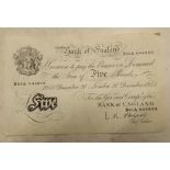 A white £5 note signed O'Brien and dated 21st Dec 1955, serial B63A.