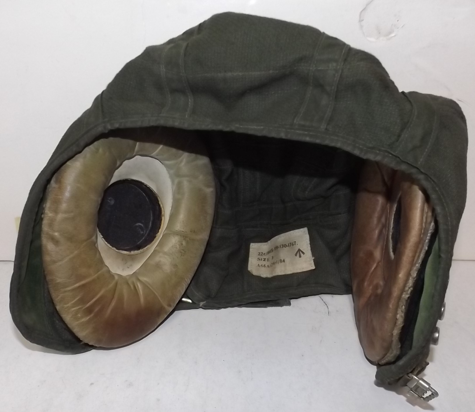 A pilot's cloth helmet, dated 1984 size 3 maker P and S.W.