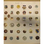 A collection of approximately 200 enamel and acrylic bowling badges on cards and framed including