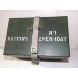 A ration metal box, dated 1957, two men for one day,