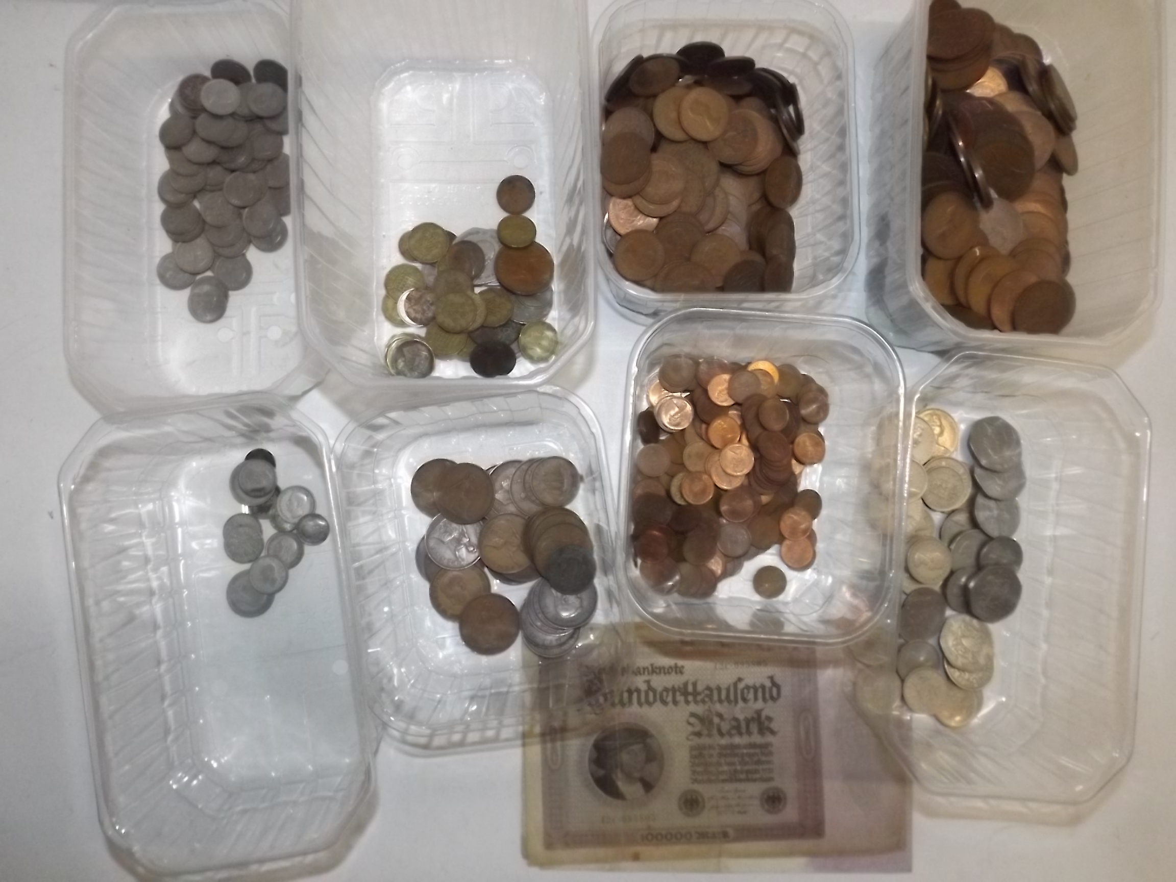 Miscellaneous British coins including a little pre 1947 silver and two German banknotes.