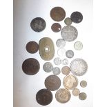 A French 5F 1850, 4/- 1890 other silver coins, tokens etc.
