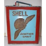 A Shell aviation spirit can, brass cap, repainted.