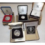 Proof silver coins:- 1977 Jubilee, 1980 Queen Mother, 2004, £2 St Helena 1973 and Bahamas $10.