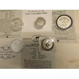 Five silver coins:- 1996 China Panda, Canada dollar, USA 1992 ,