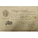 A white £5 note, signed O'Brien and dated 1st May 1956,