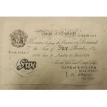 A white £5 note signed O'Brien and dated 11th June 1956 serial D12A.