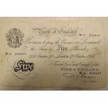 A white £5 note signed Beale and dated 29th October 1951 serial W10.
