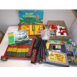 Boxed toys etc including blow football, magic set together with Lego and two wood block carts.