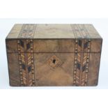 A Victorian burr walnut tea caddy with two bands of parquetry inlay,