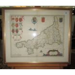 A hand coloured engraved map of Cornwall, by Blaeu, size of map 39 x 50cm.