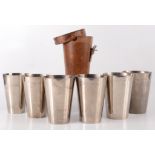 A nest of six silver plated stirrup cups, in a brown leather case, height of case 14.3cm.