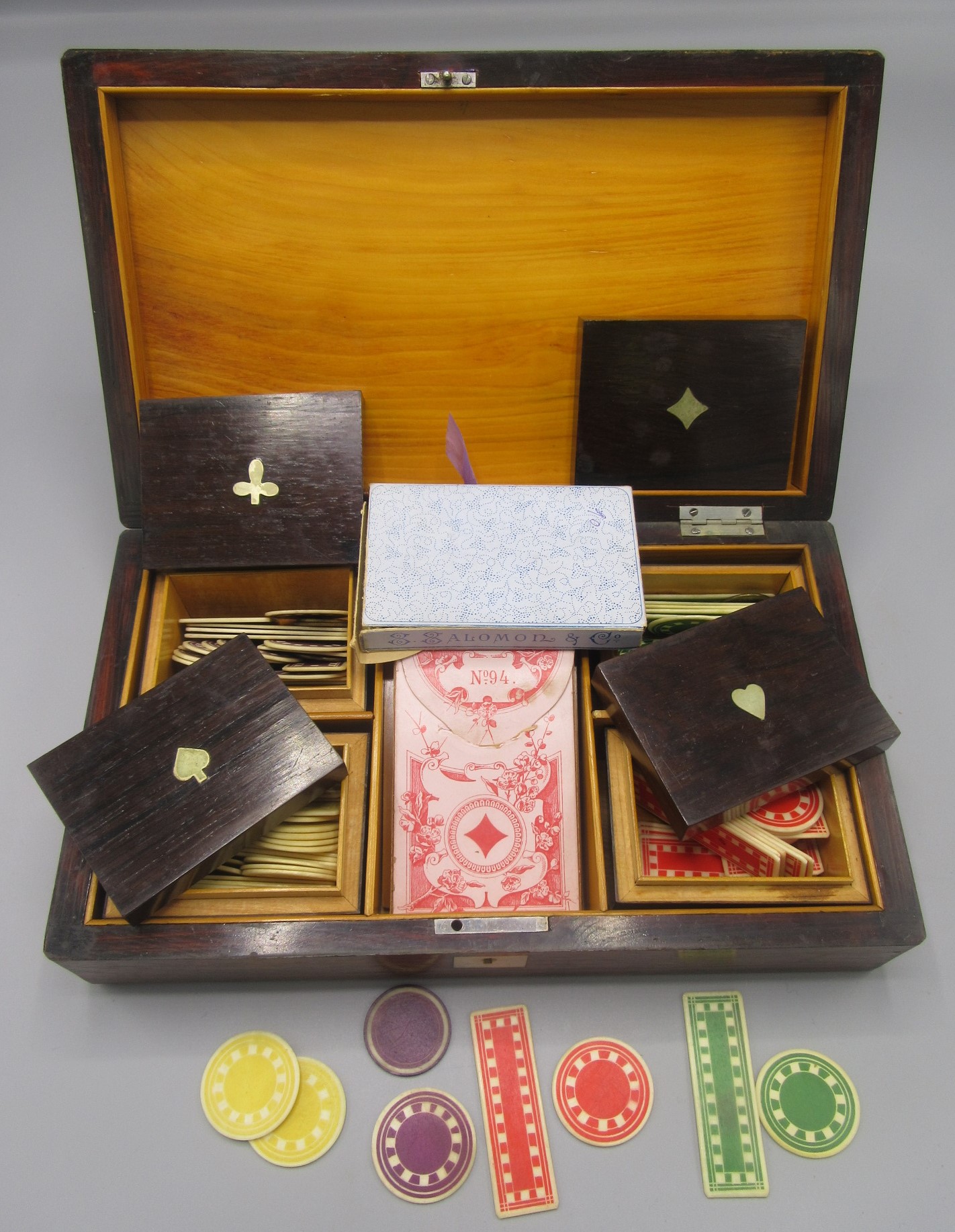 A rosewood and mother of pearl inlaid games box, early 20th century, - Image 3 of 4